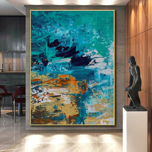 “Ocean Depths” - Abstract Painting with Teal, Blue, Black, Orange, White CT0036