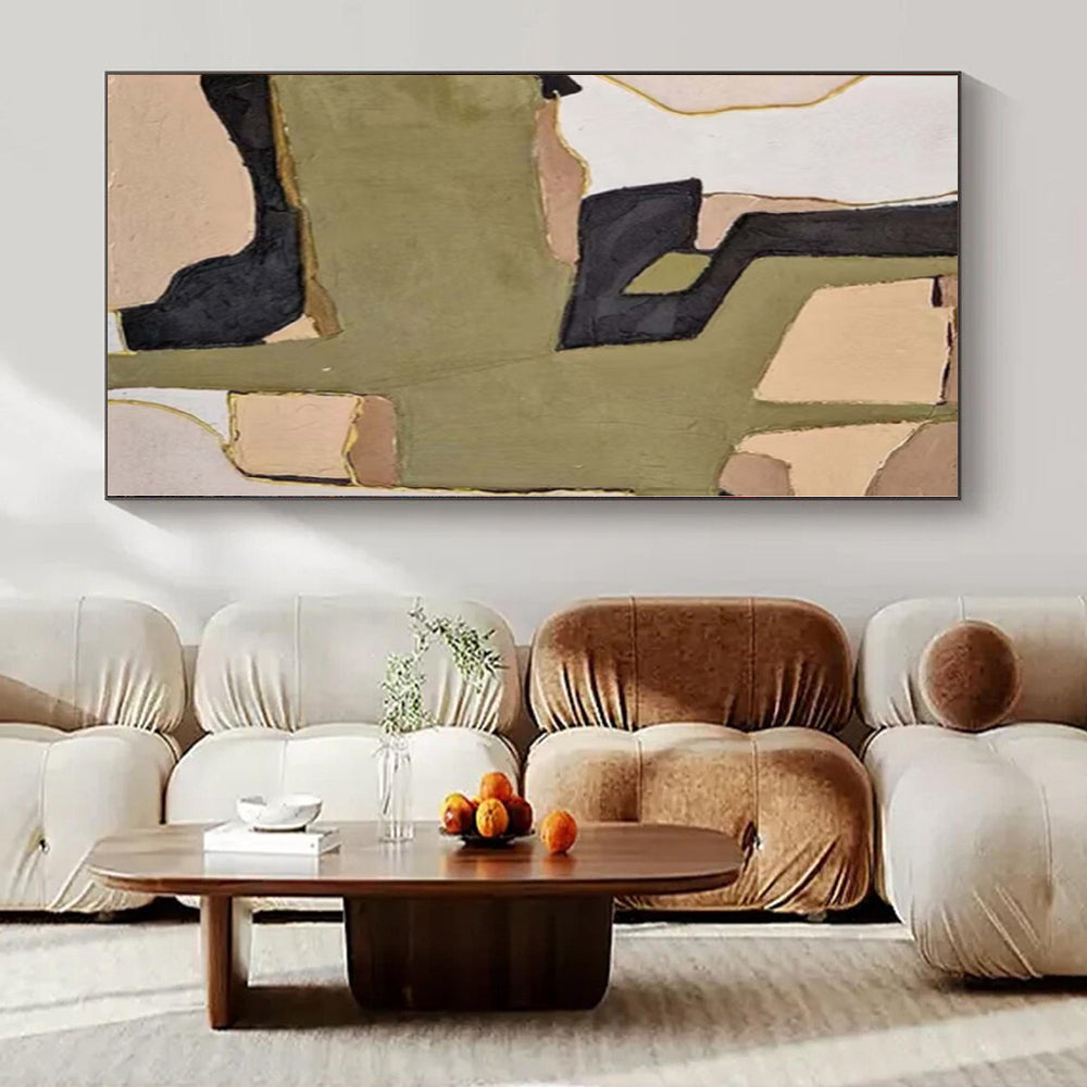 “Olive, Black, and Beige Geometric Collage” Mixed - Media Art CT0169