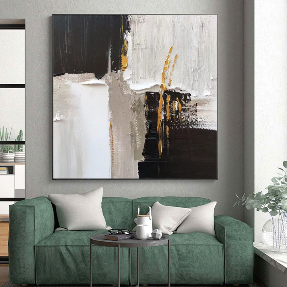 “Black - White - Gold Textured Abstraction” - Abstract Expressionist Art CT0489
