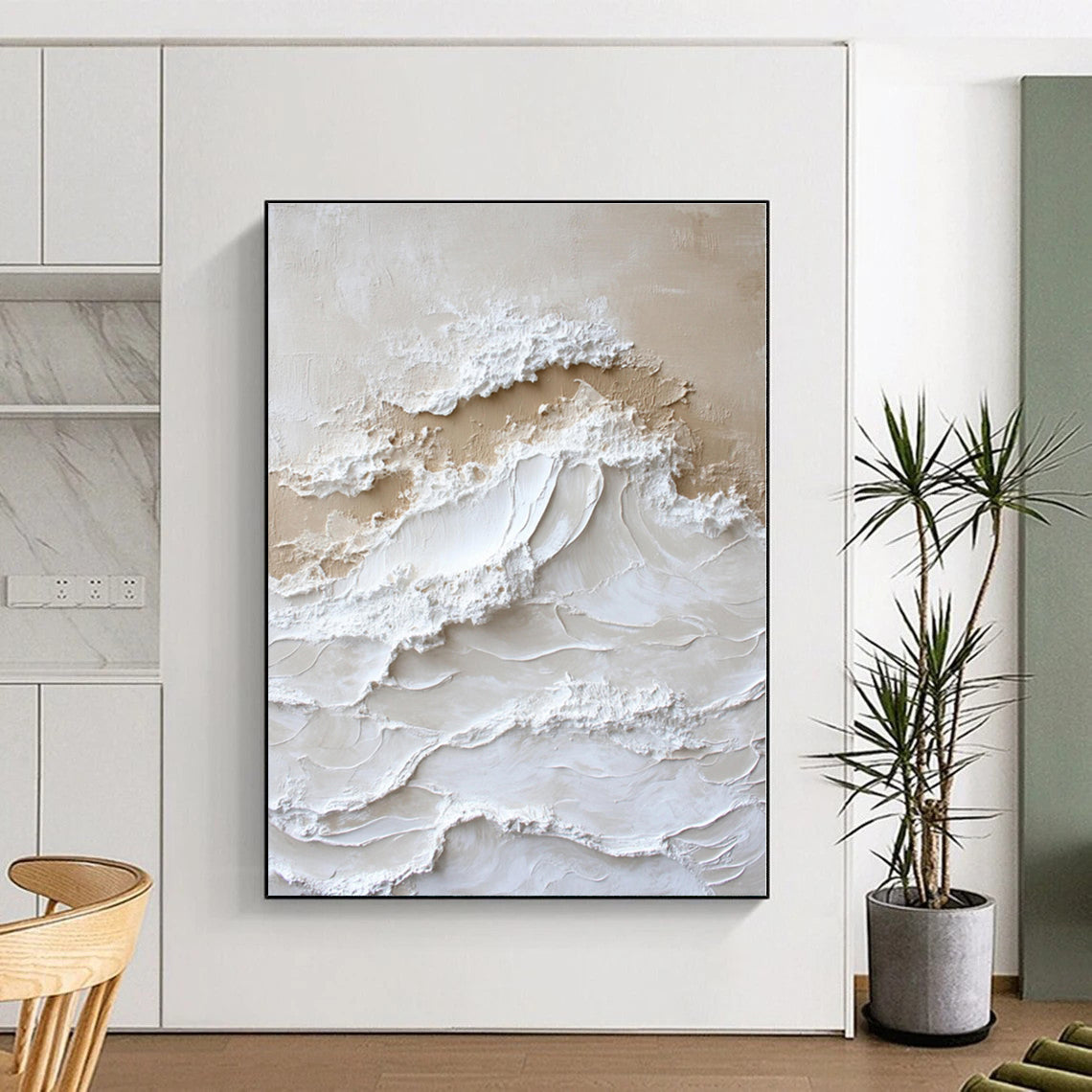 “Textured Beige - White Waves” - Abstract Coastal Art CT0444