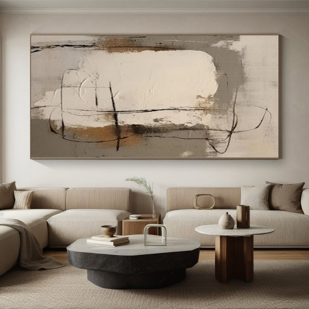“Neutral Shapes with Black Lines”,Abstract Geometric Oil Painting CT0541