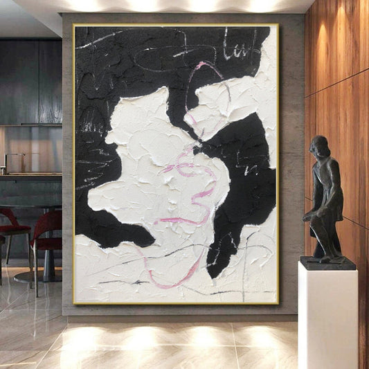“Black - White - Pink Textured Abstraction” - Abstract Expressionist Art CT0480