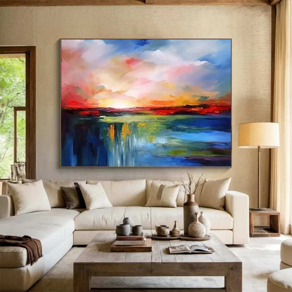 “Fiery Sky Waterfall” - Reds, oranges, blues, greens; abstract sunset over a cascading waterfall CT1596