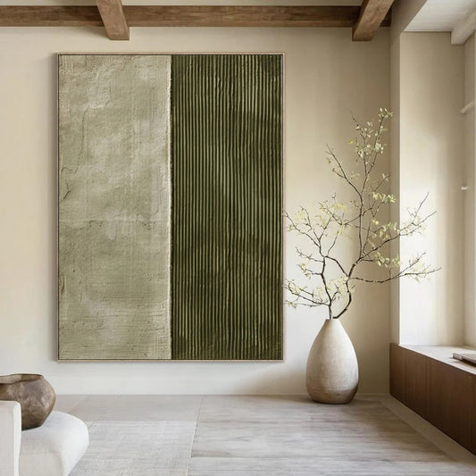 “Green - Beige Divided Textures” Minimalist Acrylic Art CT0218