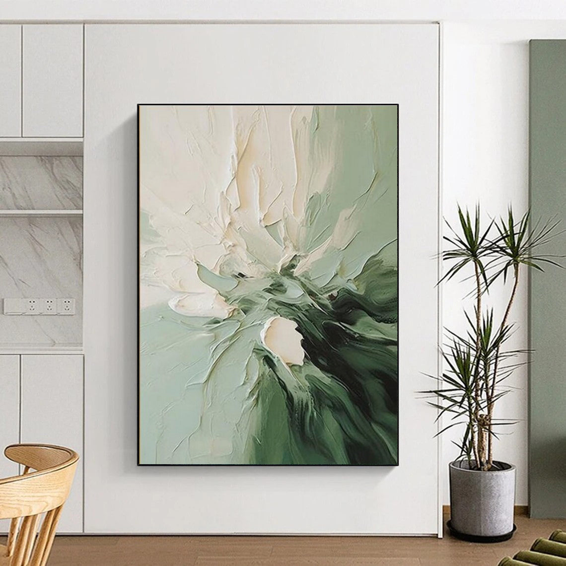 “White - Green Textured Floral”,Impasto Floral Art CT0624