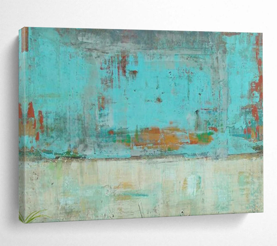 “Turquoise Urban Abstract” - Turquoise, orange, beige; faded, abstract city scene CT1583