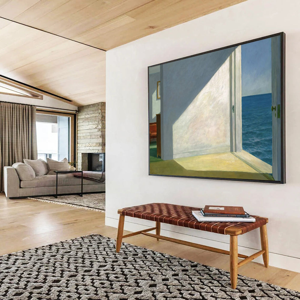 “Interior with Ocean View” - Whites, blues, greens; minimalist room with open door to the sea CT1608