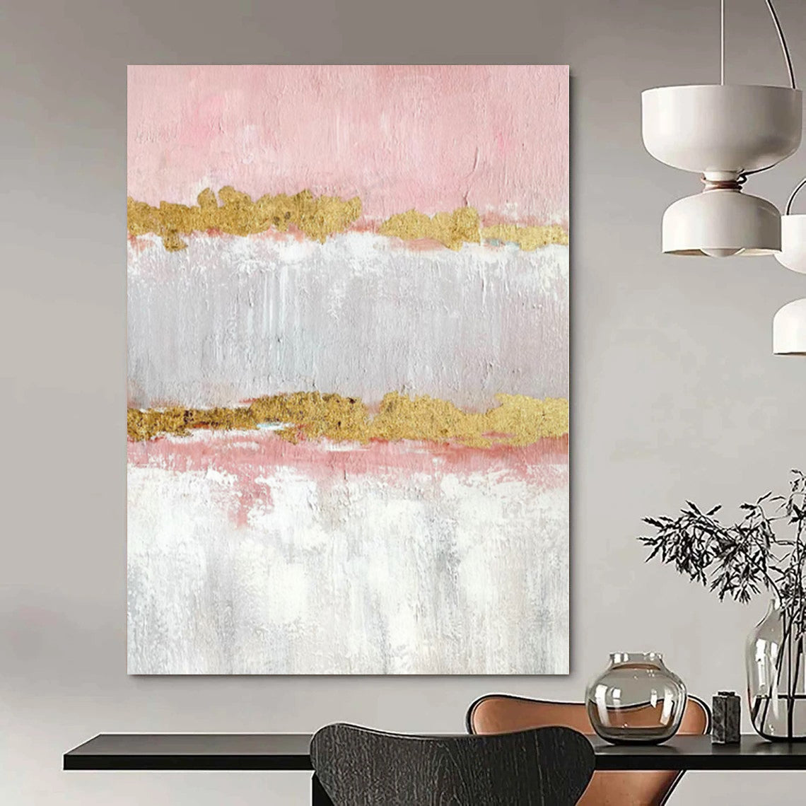 “Pink - Gray - Gold Striped Abstract” Minimalist Acrylic Art CT0207