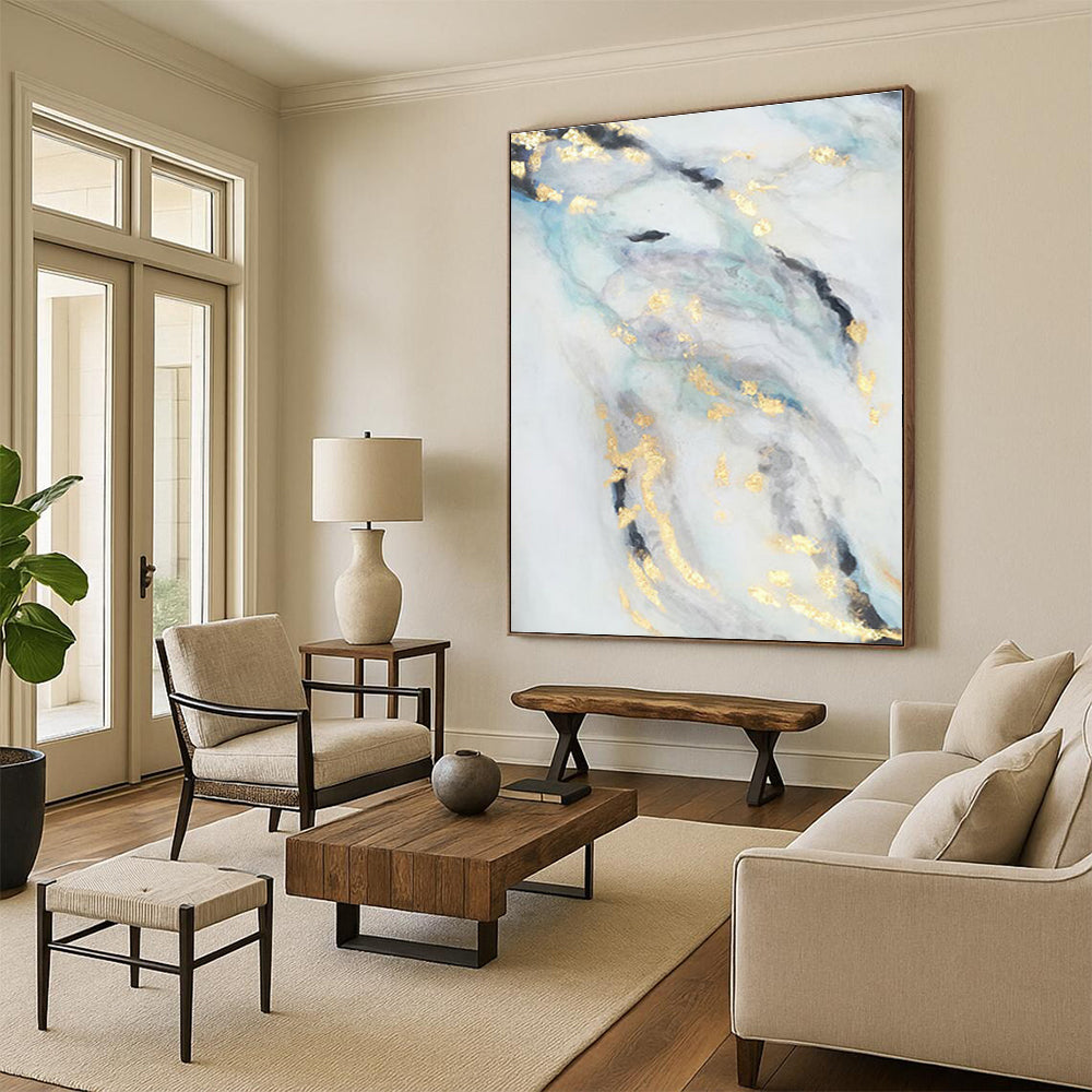 “Gold - Blue - Gray Flowing Abstraction” - Abstract Expressionist Art CT0428