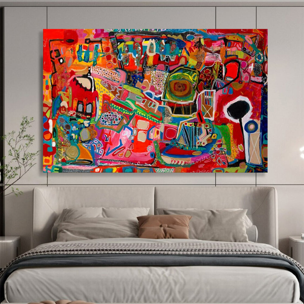 Vibrant, chaotic abstract scene in reds and blues CT1680