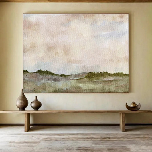 “Hazy Horizons” - Soft pinks, blues, greens; dreamy, misty landscape with distant hills CT1488