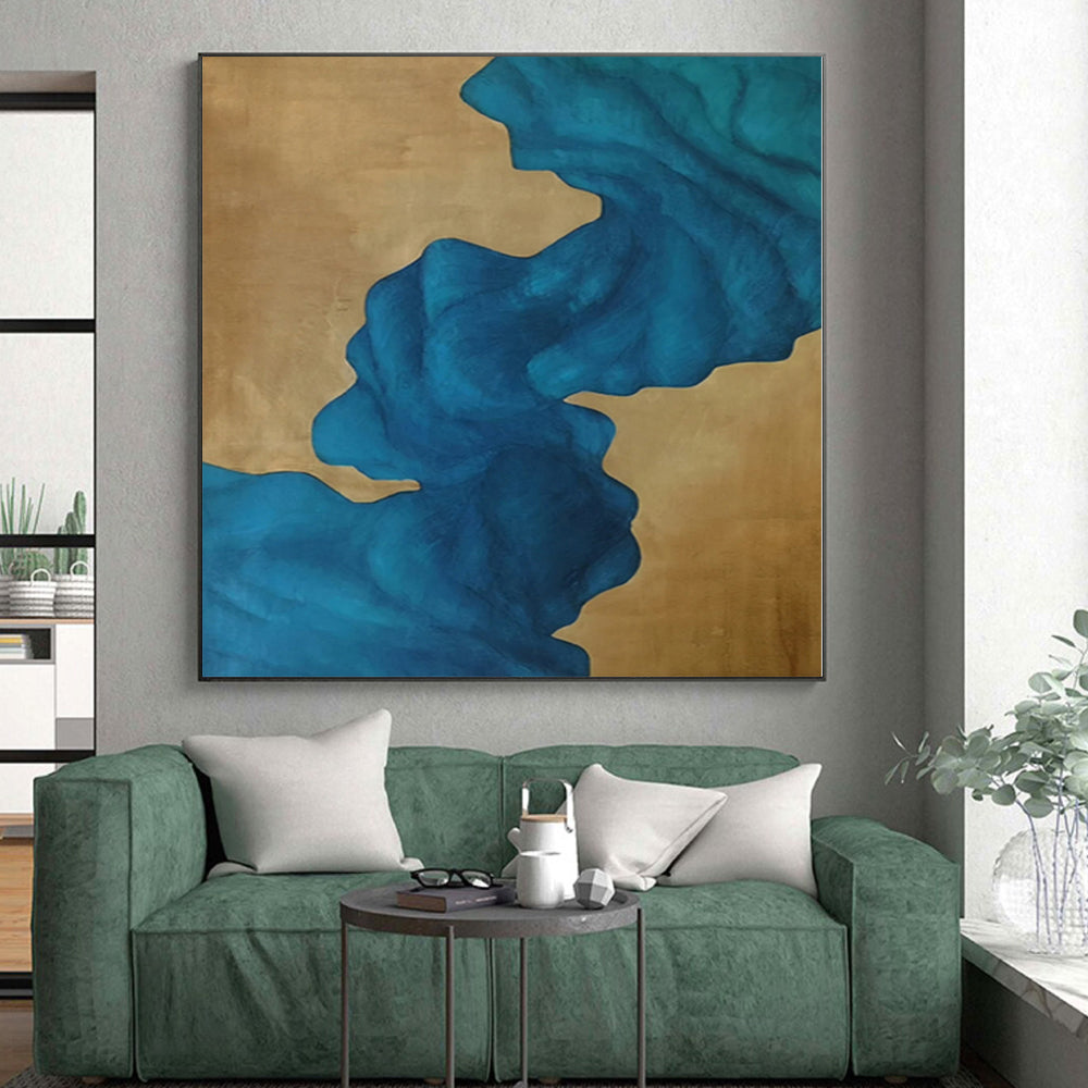 “Fluid Blue on Gold” Abstract Acrylic Art CT0343