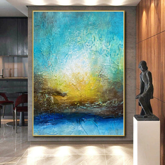 “Sunrise Textures” - Abstract Painting with Blue, Teal, Yellow, Brown CT0046