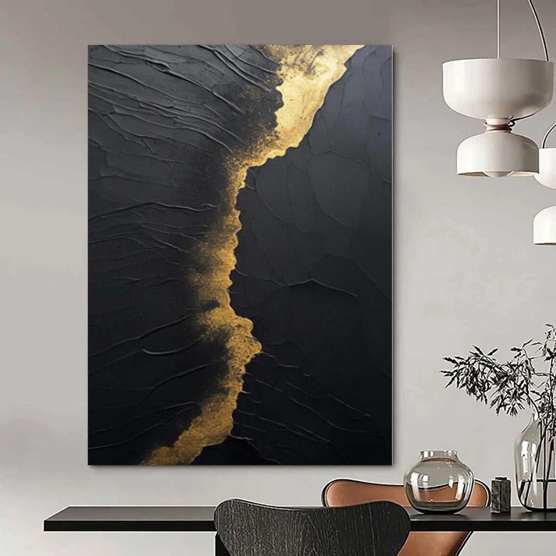 “Black and Gold Textured Cracks” Relief - Style Acrylic Art CT0167