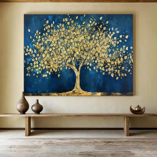 “Midnight Gold Tree” - Golds, deep blues; striking golden tree against a dark sky CT1620