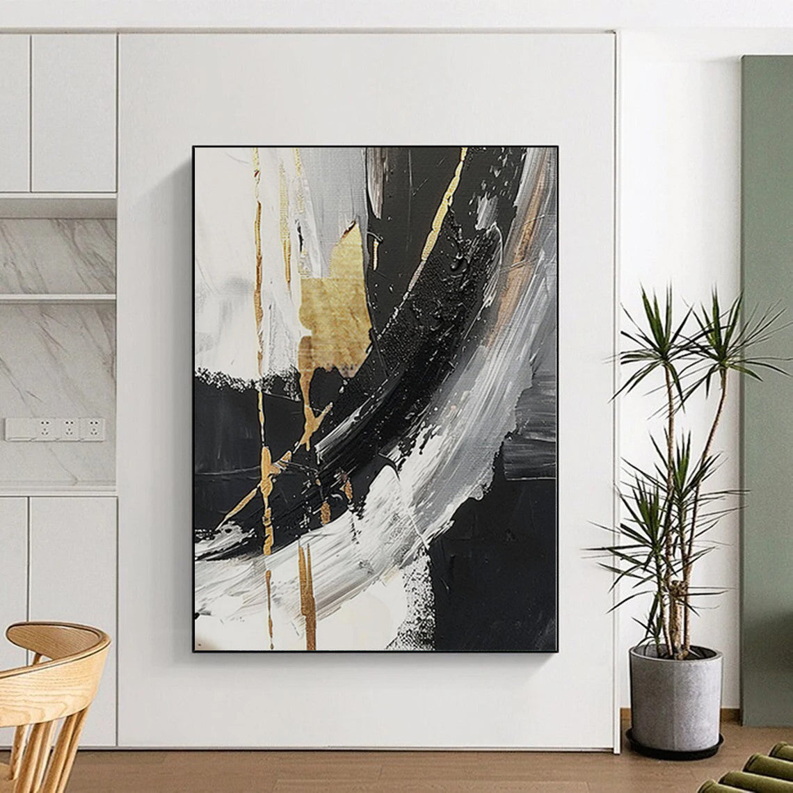 “Gilded Monochrome” - Abstract Art with Black, White, Gold CT0085