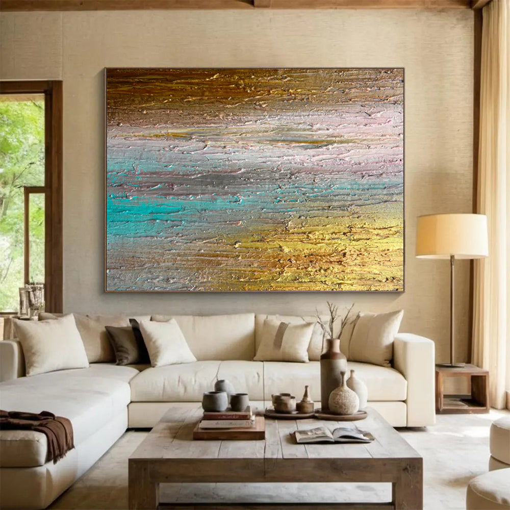 “Sunset Horizons” – Layered golds, teals, pinks in thick, horizontal acrylic strokes CT1691