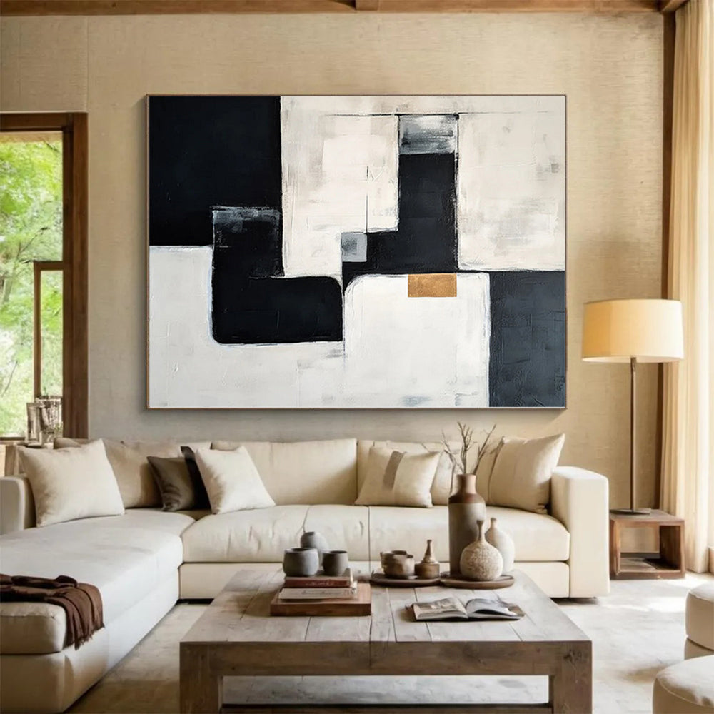 “Geometric Gold Accent” - Abstract Art with Black, White, Gray, Gold CT0082