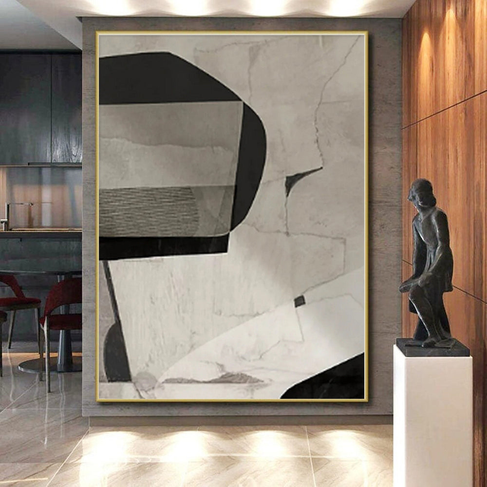 “Grey - Black Geometric Collage”,Abstract Mixed - Media Art CT0558