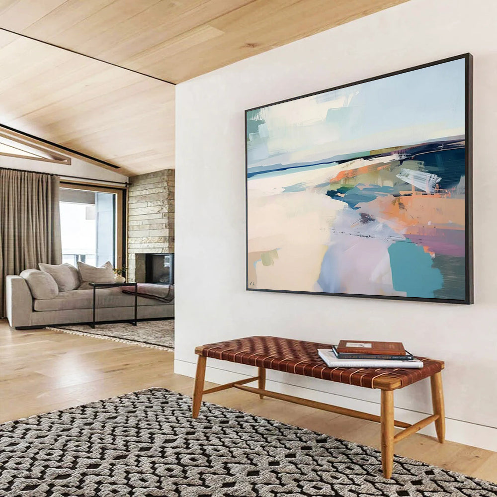 “Pastel Coastal Abstract ” - Soft blues, pinks, purples, and oranges; abstract shapes suggesting a coastal scene CT1544