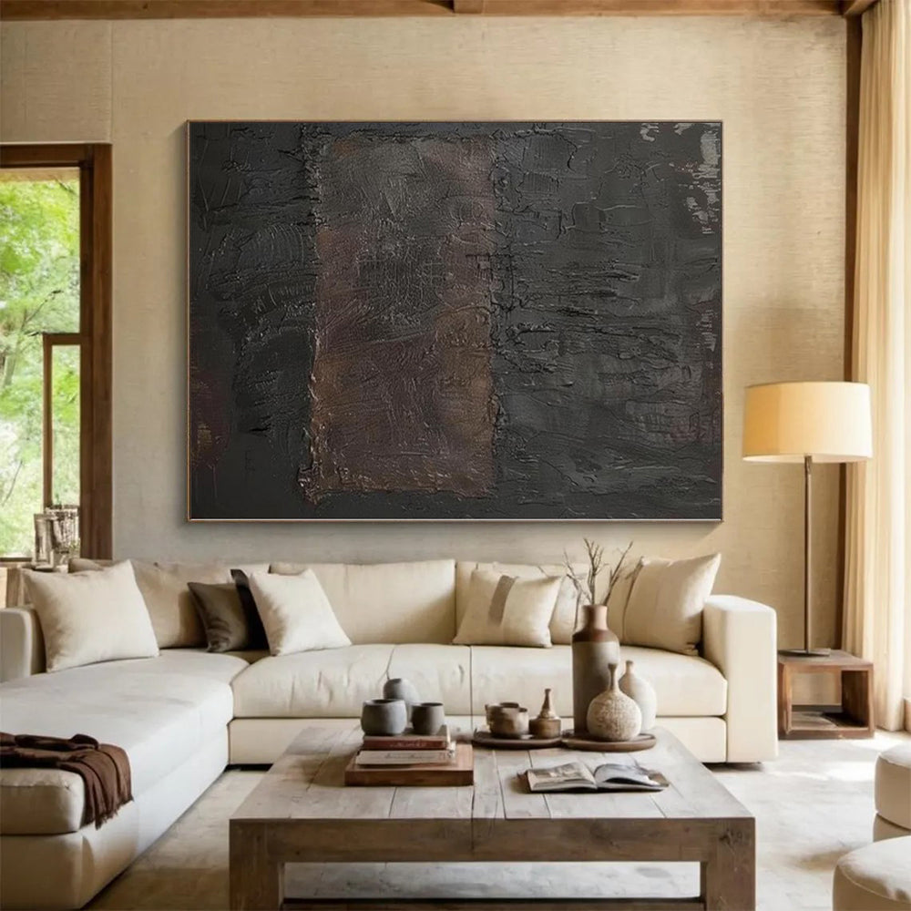 “Dark Textured Rectangle” - Abstract Painting with Deep Browns, Blacks CT0103