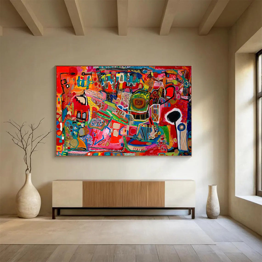 Vibrant, chaotic abstract scene in reds and blues CT1680