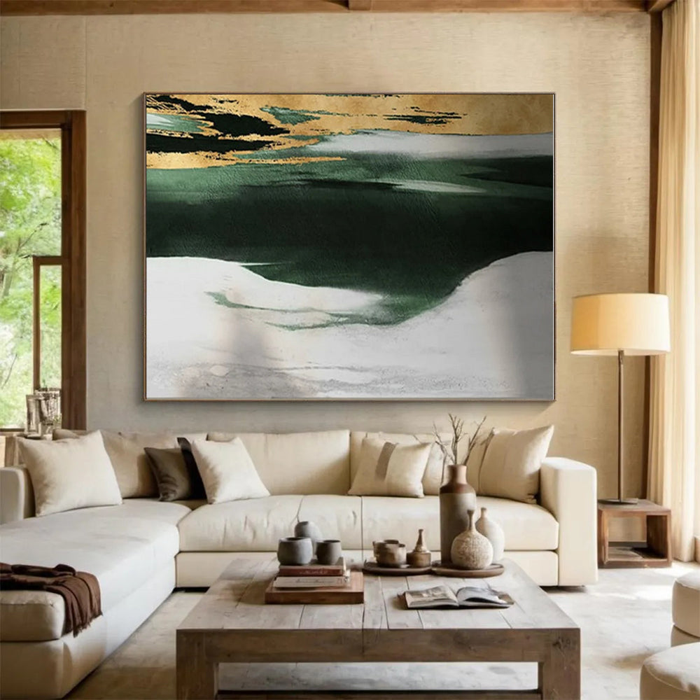 “Green - Gold - White Abstract”,Abstract Minimalist Art CT0640