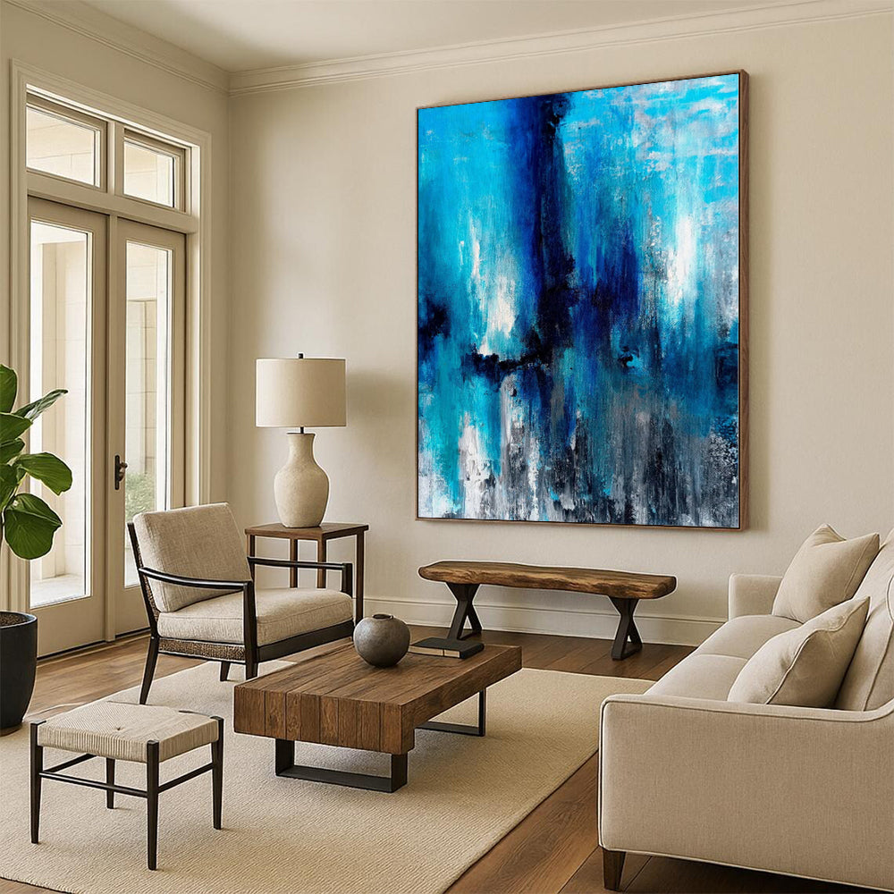 “Blue Cascade Abstraction” - Abstract Acrylic with Shades of Blue, Black, White CT0024