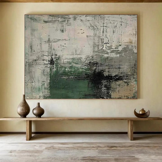 “Muted Chaos” - Gray, white, green; rough, overlapping brushstrokes CT1577