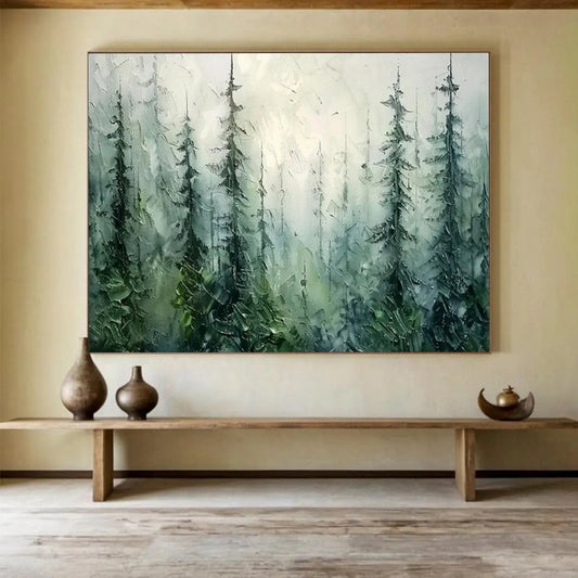 “Misty Forest Whispers” - Greens, blues, whites; textured, atmospheric forest scene CT1600