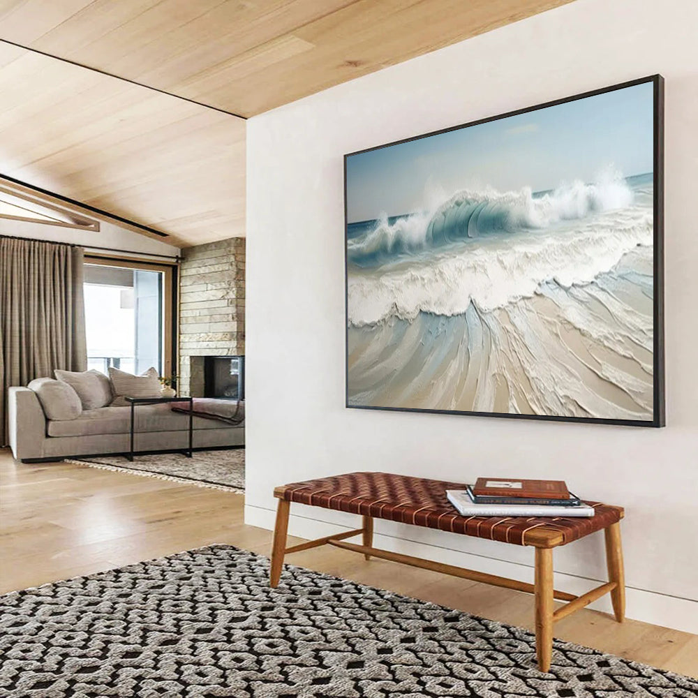 “3D Sea Wave” - Shades of blue, white, beige; thick - textured, three - dimensional wave crashing on the shore CT1545