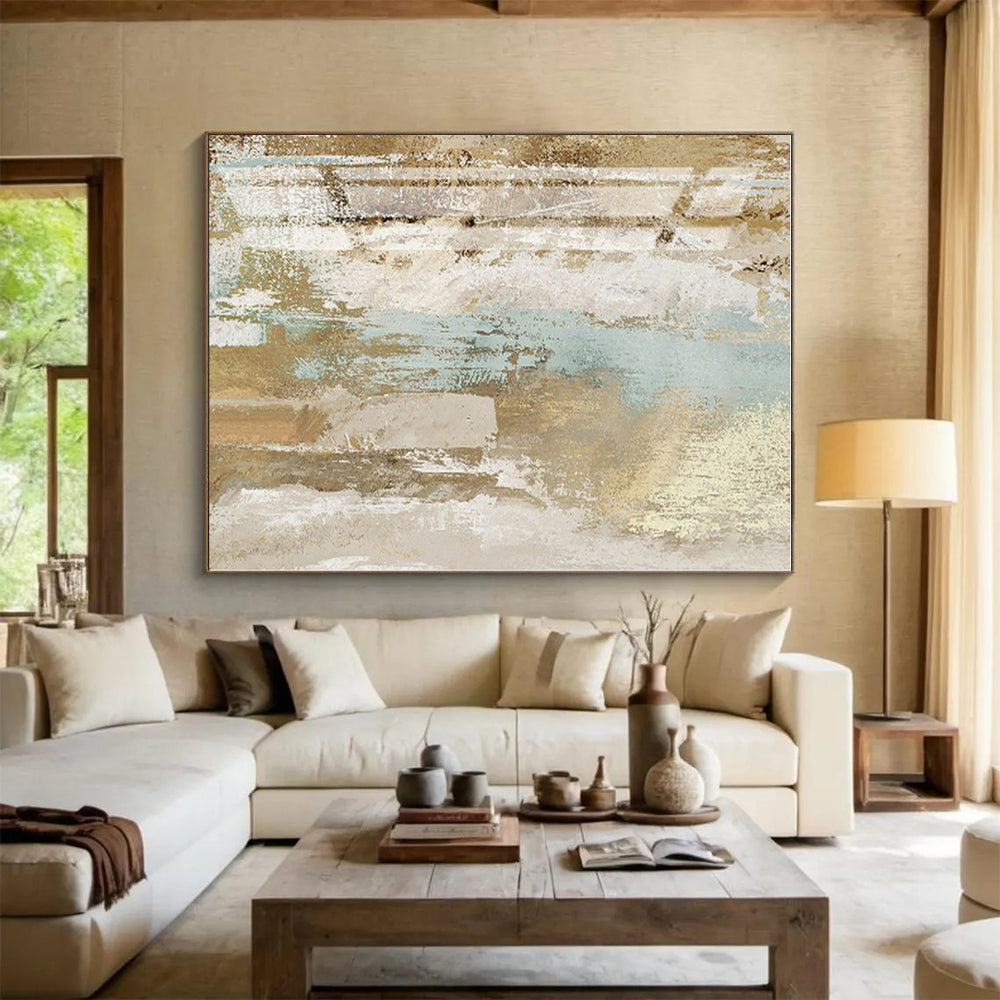 “Beige - Blue Textured Abstraction” - Abstract Expressionist Art CT0434
