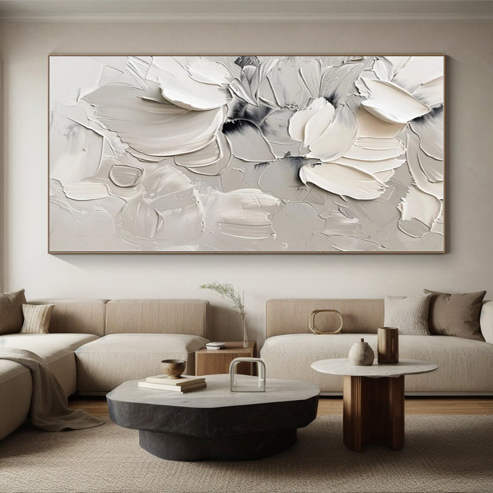 “Textured White Blooms”,Abstract Floral Impasto Artwork CT0525