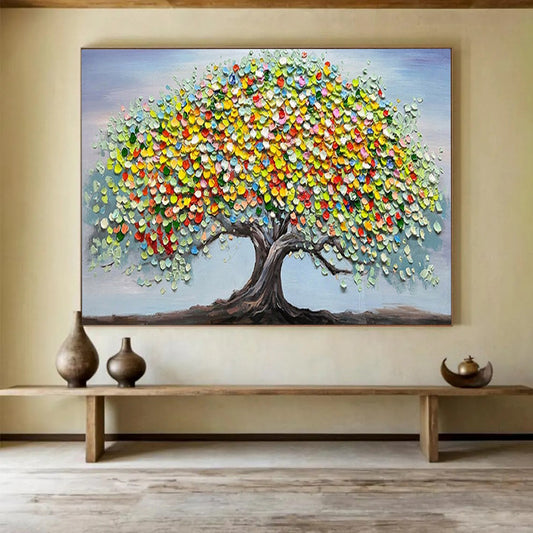 “Colorful Tree of Life” - A tree with a dark trunk and a canopy made of colorful, textured circles; set against a light blue sky CT1537