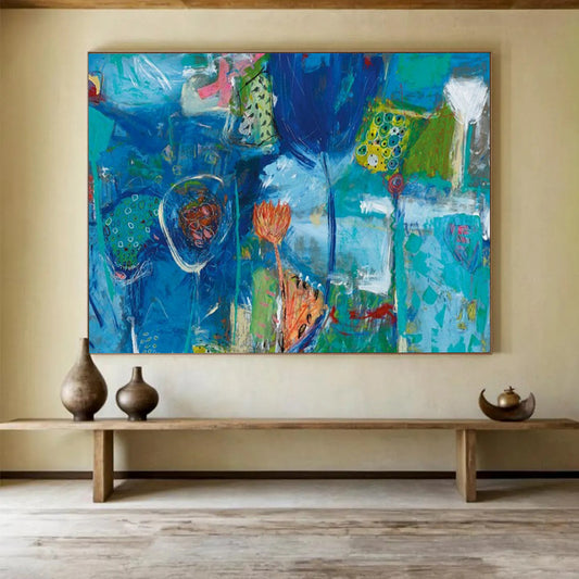 Blue - based abstract painting with floral - like shapes and patterns CT1660