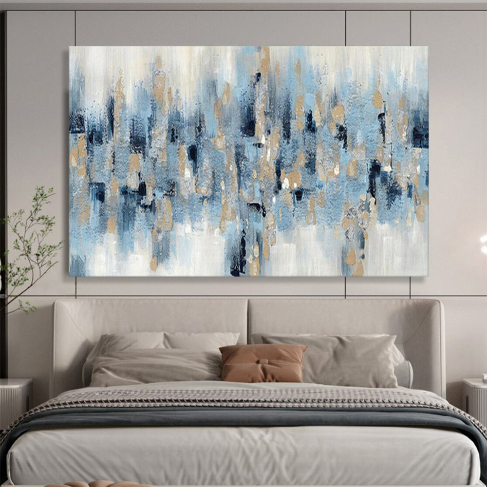 “Blue - Gold Rhythm” - Blues, whites, metallic gold; scattered, rhythmic abstract shapes CT1519