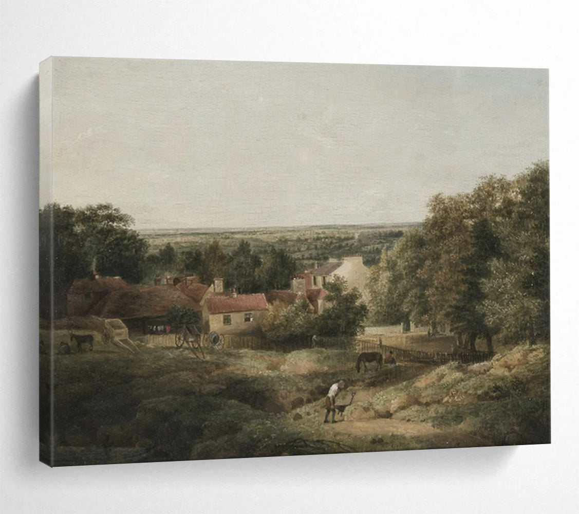 “Rural Idyll in Hues” - Greens, browns, soft tones; detailed pastoral village scene CT1609