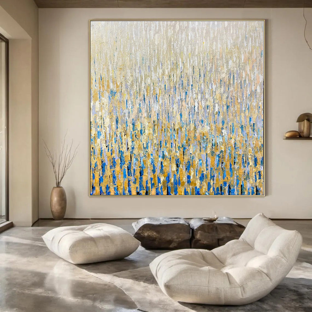 “Gold - Blue Dripping Layers” Abstract Expressionist Acrylic Art CT0195