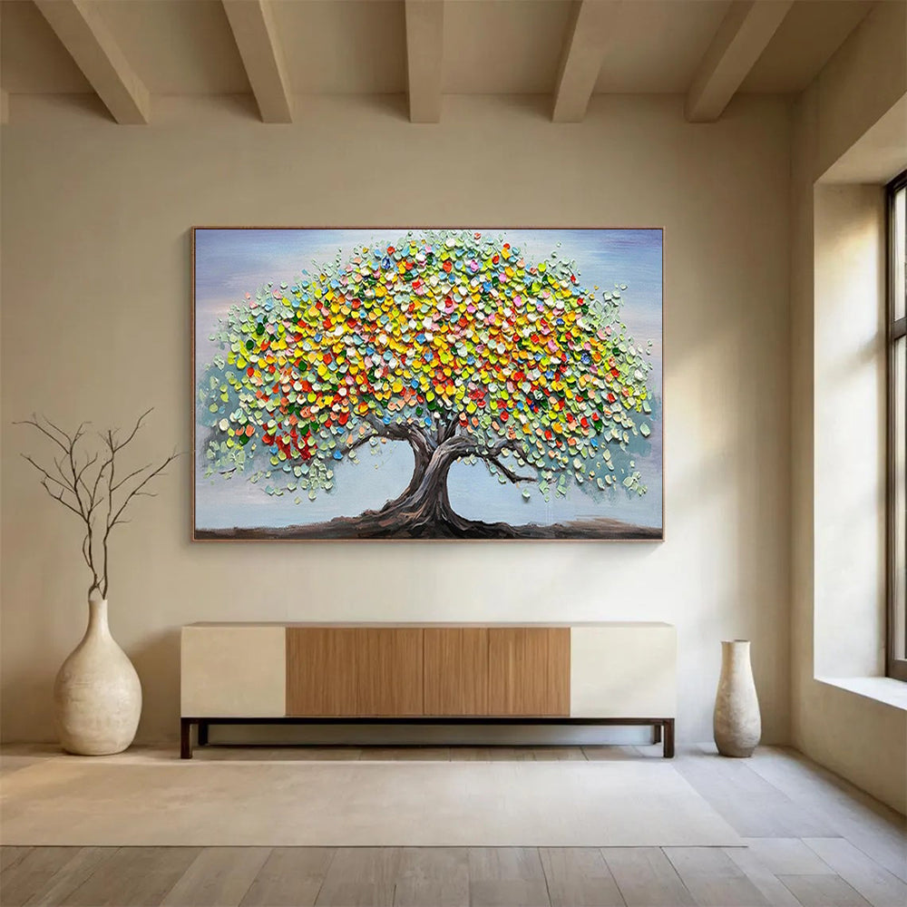 “Colorful Tree of Life” - A tree with a dark trunk and a canopy made of colorful, textured circles; set against a light blue sky CT1537