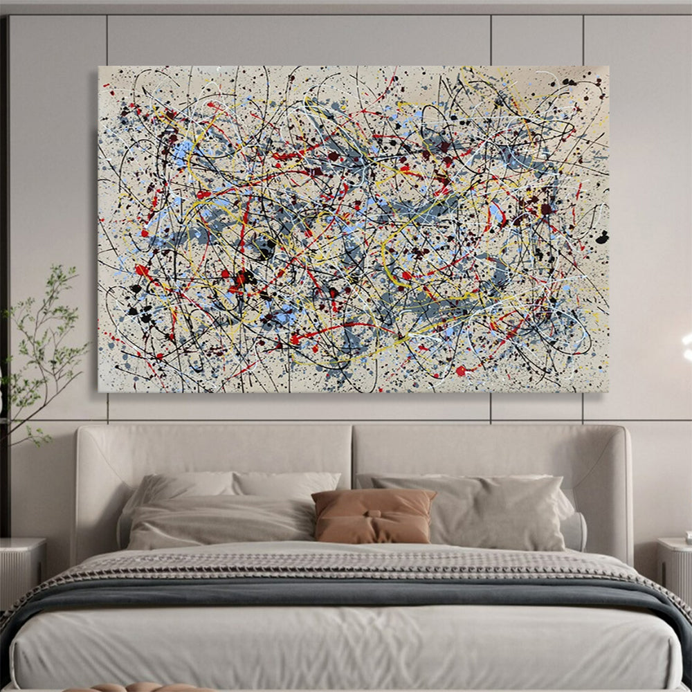 “Colorful Dripping Cacophony” - Black, white, yellow, red, blue; vibrant chaotic drips CT1589