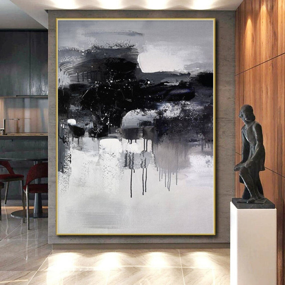 “Black - White Abstract Drizzle”,Expressive Abstract Painting CT0376
