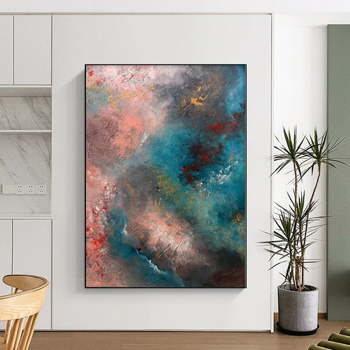 “Cosmic Blush” - Abstract Painting with Pink, Blue, Gray, Yellow, Red CT0053