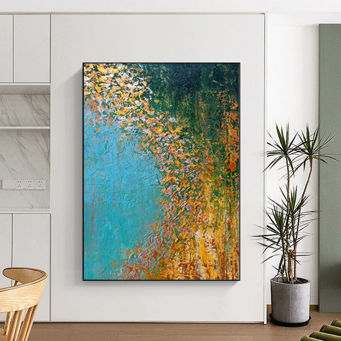 “Riverbank in Autumn” - Abstract Work with Blue, Yellow, Orange, Green CT0067