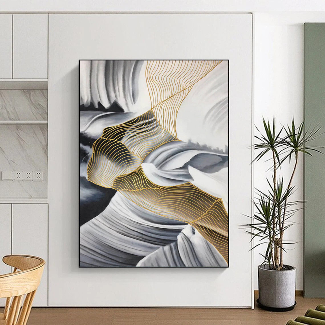 “Black - White - Gold Wavy Nets”,Mixed - Media Abstract Painting CT0351
