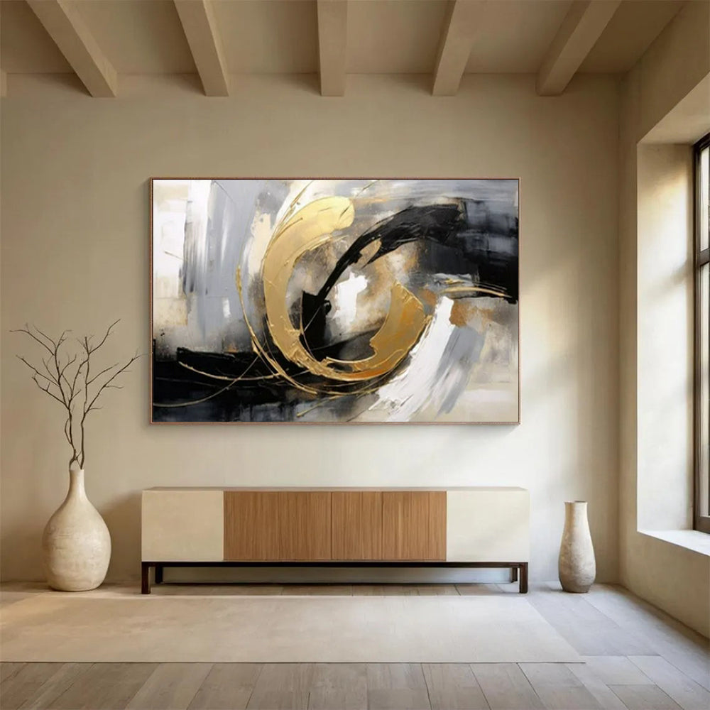 “Gold - Black Abstract Swirl” - Blacks, whites, golds; bold, textured circular abstraction CT1613