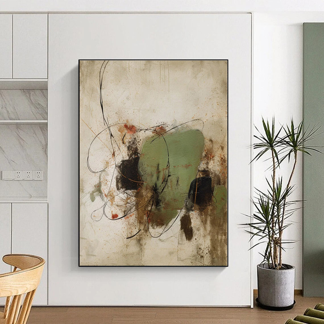 “Green - Black Swirling Abstract”,Abstract Expressionist Mixed - Media Art CT0569
