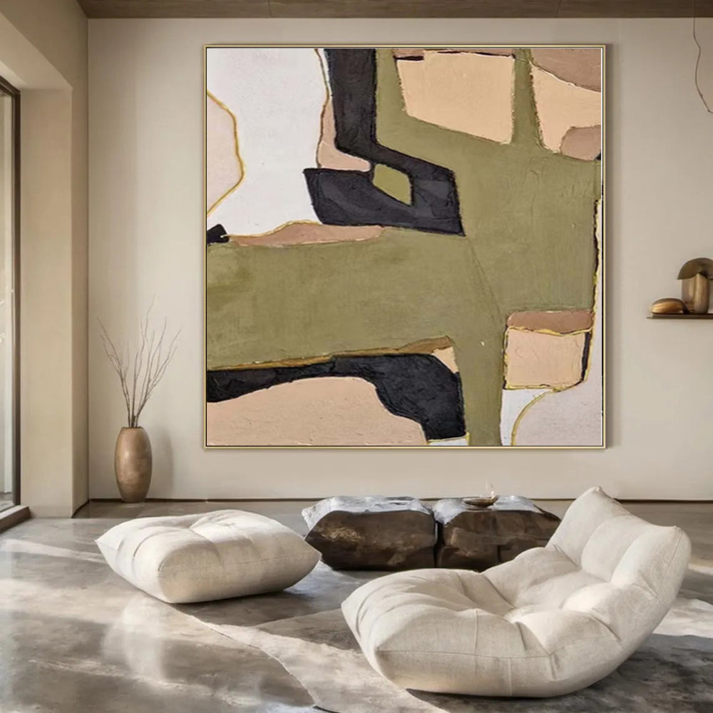 “Olive, Black, and Beige Geometric Collage” Mixed - Media Art CT0169