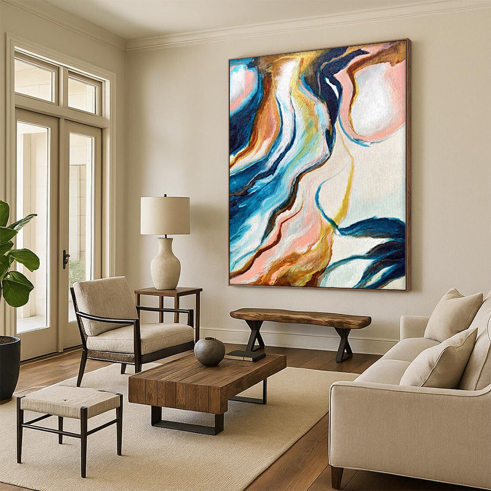 “Colorful Marble Flow” - Abstract Art with Blue, Pink, Yellow, Brown Swirls CT0033