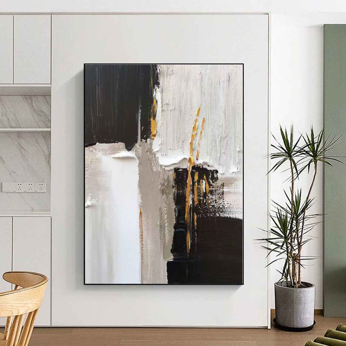 “Black - White - Gold Textured Abstraction” - Abstract Expressionist Art CT0497