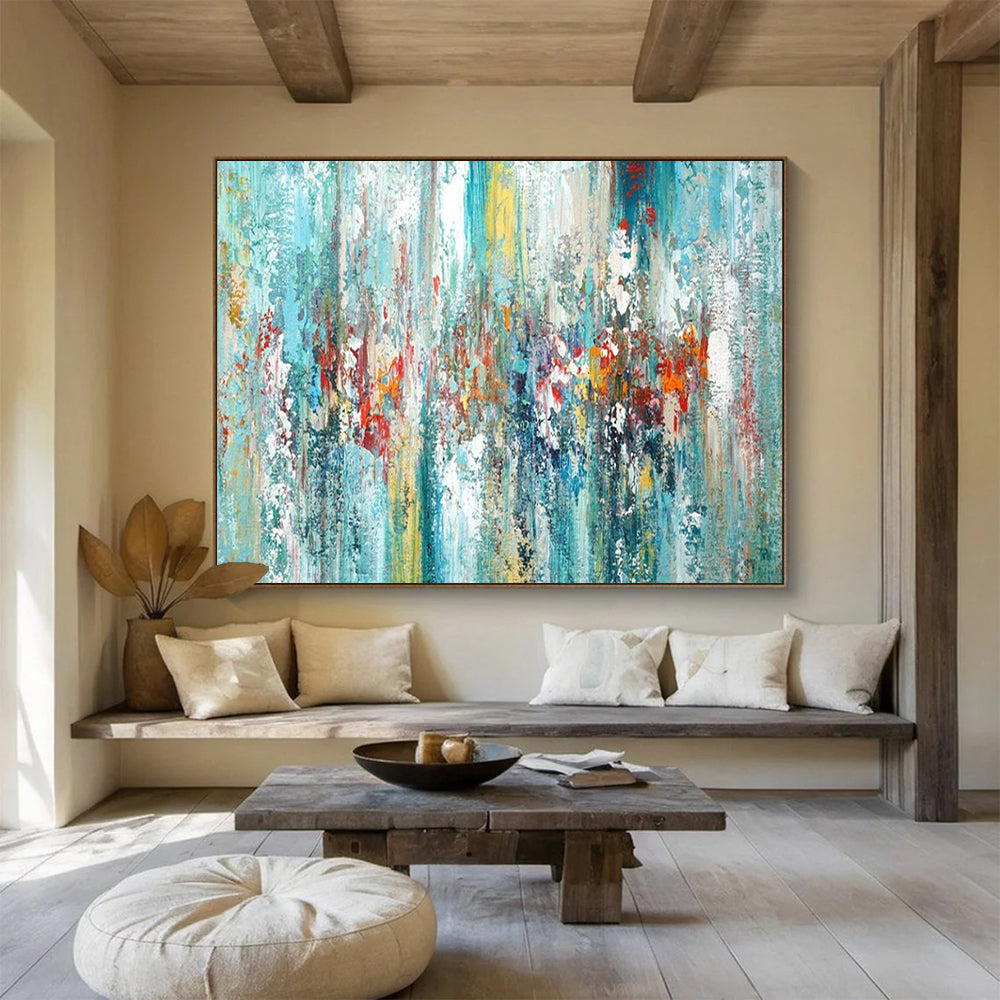 “Turquoise Abstract Symphony” - Turquoise, blues, reds, yellows; vertical, textured color streaks CT1599